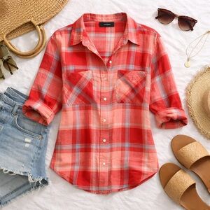 Sanctuary Plaid Button Down Shirt Linen Blend Lightweight Top Size Small